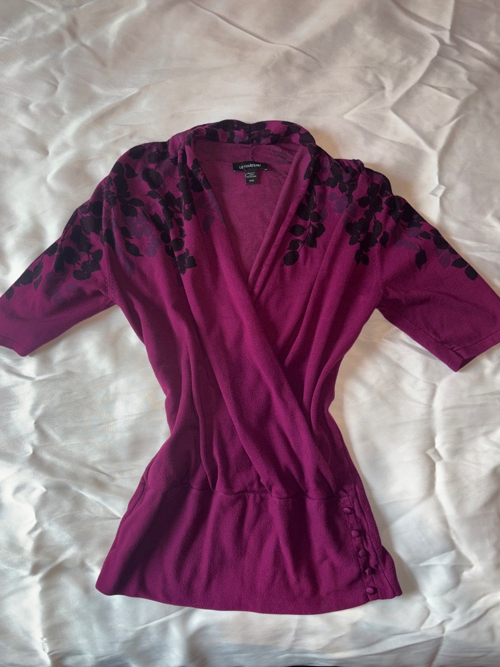 Vintage le chateau Plum Wrap-Front Top with Black Floral Shoulders